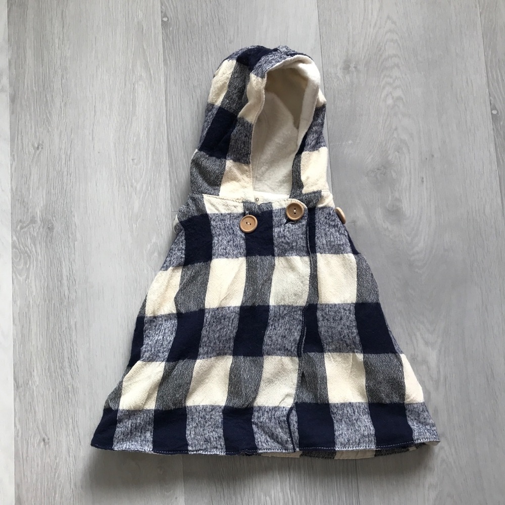 MABO WOOL PONCO CAPE BLUE IVORY CHECK HOODED NO SLEEVES GIRLS 5/6